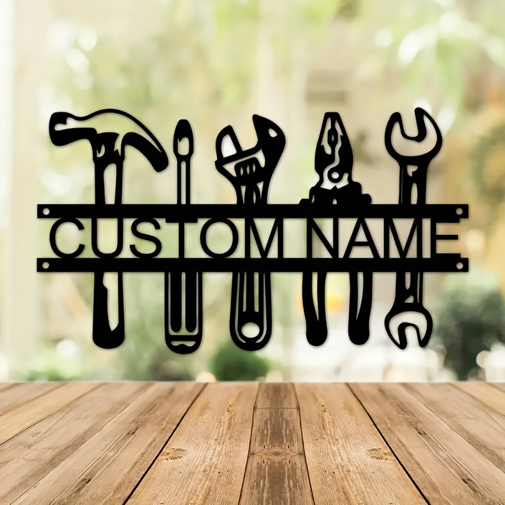 Workshop Tools With Name - Aangepaste naam industriële stijl ijzeren muurkunst